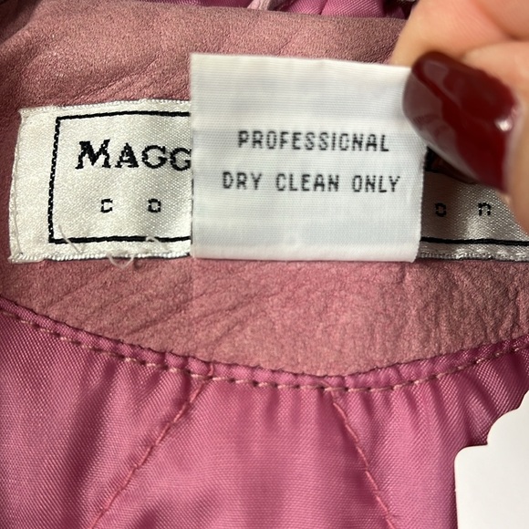 Maggie Lawrence pink leather zip/snap close fox fur trim bomber jacket Sz M PINK - Picture 11 of 13